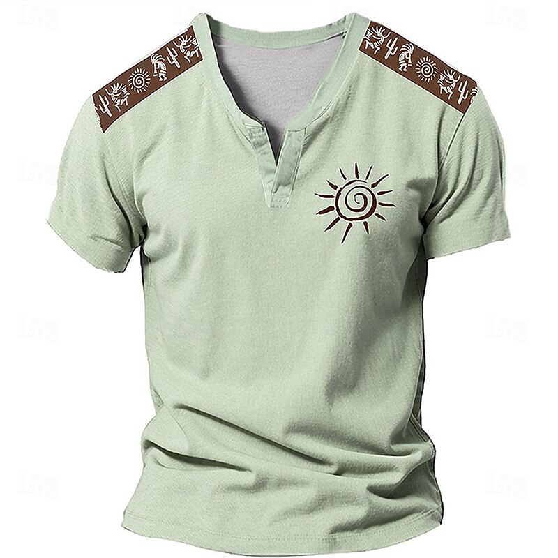 Aztec Sun V Neck Men's Ethnic Style 3D Print T shirt Tee Henley Shirt Casual Daily T shirt Blue Green Khaki Short Sleeve Shirt Summer Clothing Apparel S M L XL 2XL 3XL4