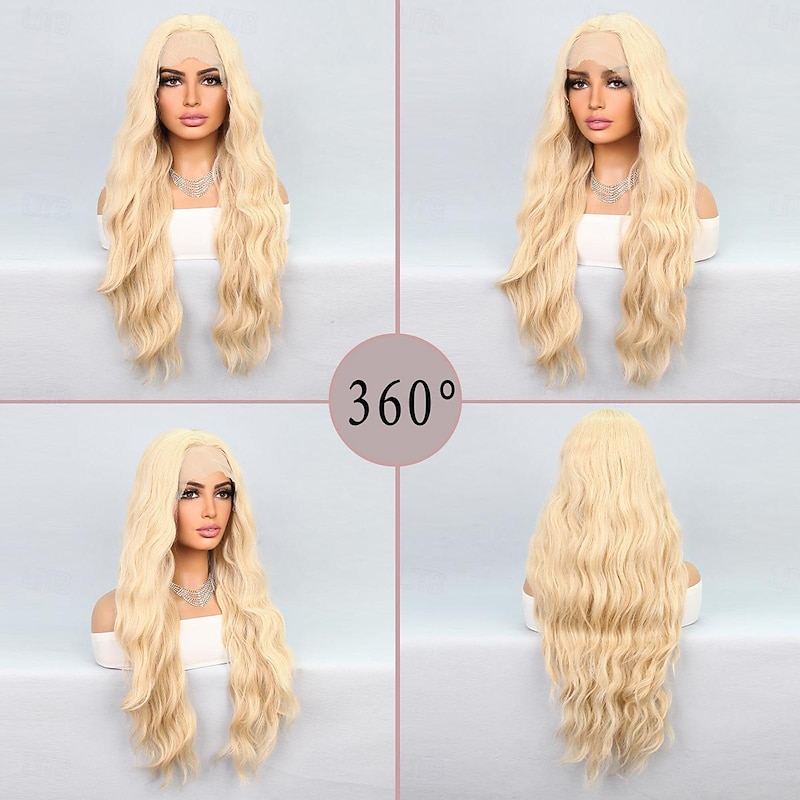 Synthetic Lace Wig Wavy Style 28 inch Blonde Middle Part T Part Wig Women Wig Creamy-white3
