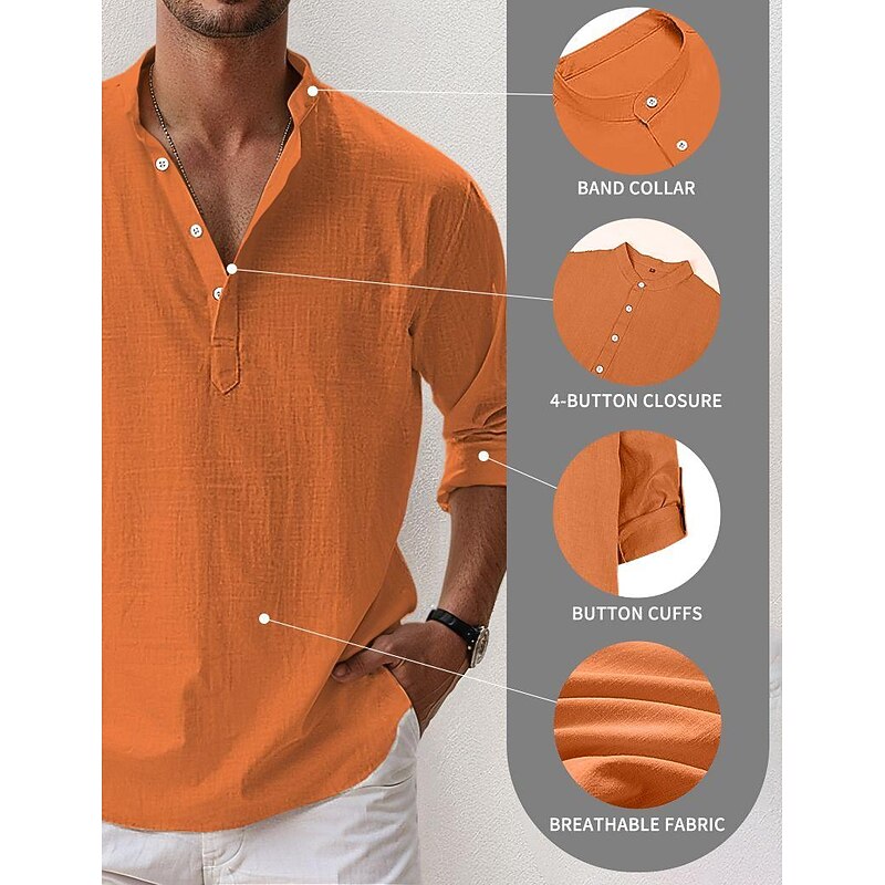 Men's Linen Shirt Popover Shirt Summer Shirt Beach Wear Casual Shirt Band Collar Shirt Plain Vacation Hawaiian Black White Pink Blue Long Sleeve Henley Spring & Summer Clothing Apparel2