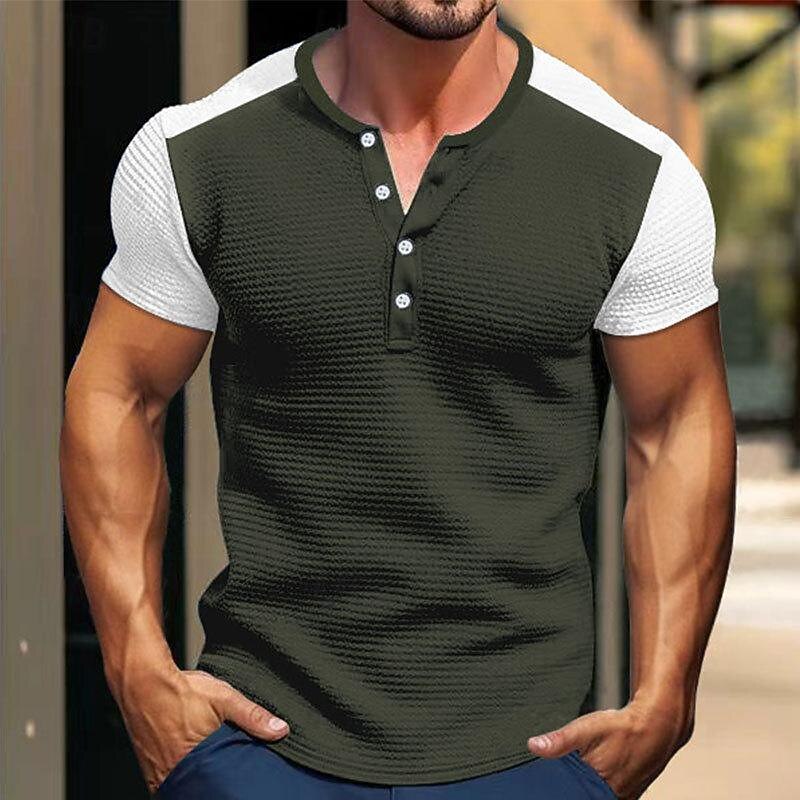 Men's Waffle Tee Button T Shirt T Shirt Waffle Henley Shirt Short Sleeve Henley Spring & Summer Color Block Fashion Designer Basic Patchwork Vacation Street Going out Black White Royal Blue Top Tee4