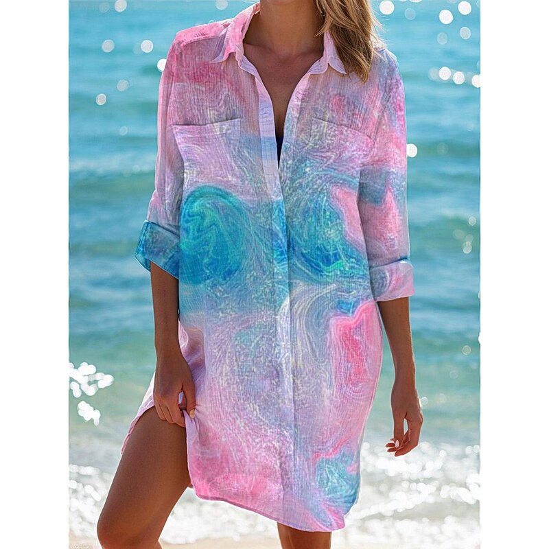 Women's Beach Cover-Up Long Sleeve V-Neck Marine Print Button-Up Roll Tab Sleeve White Blue One Size Resort Wear Summer Sea Life Pattern Clothing Apparel3