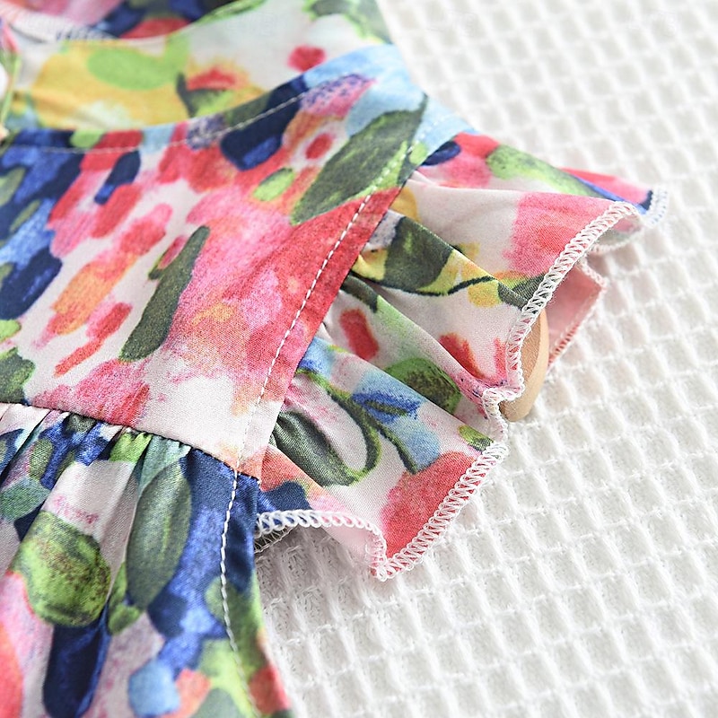 Young Girl Stand Collar Flying Sleeve Floral Print A-Line Dress For Summer4