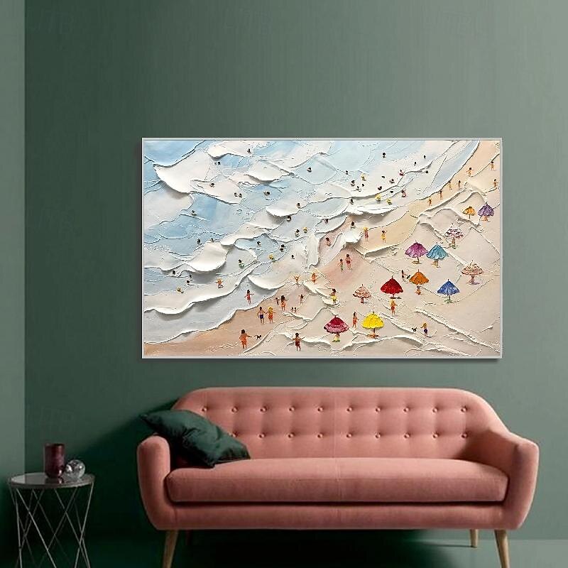 Hand painted Happy Coast Painting Swimming Painting Custom Painting Texture wave beach oil painting Wall Art Personalized Gift Summer Art Costal Art Crowds on the Shore Painting4
