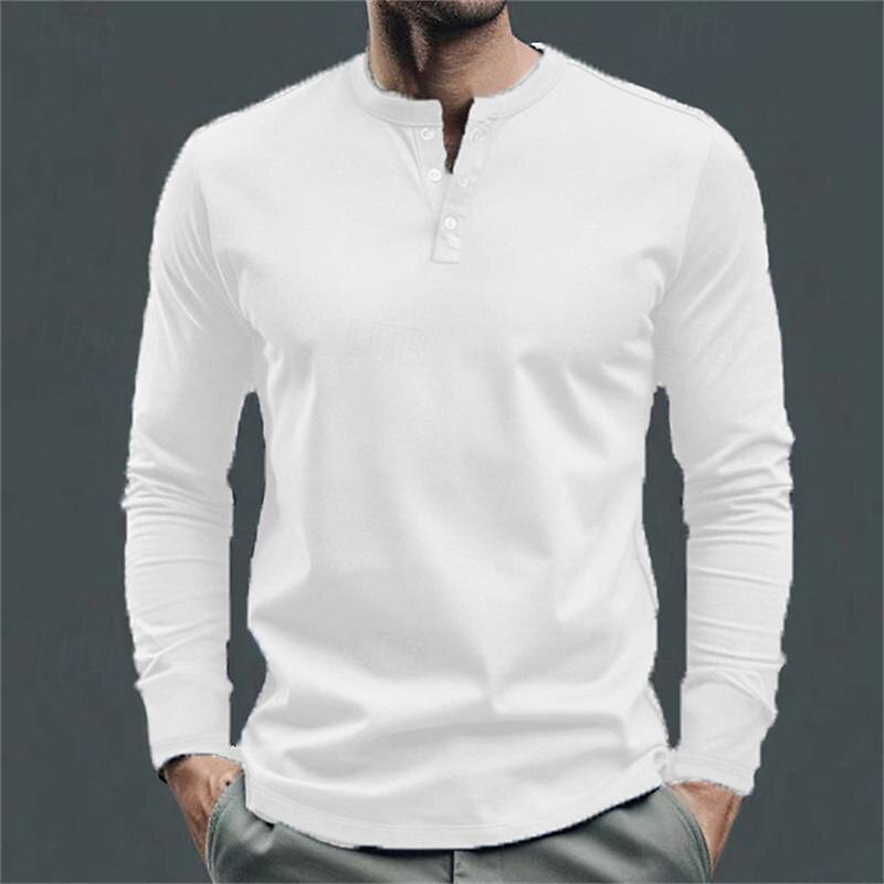 Men's Button T Shirt T Shirt Henley Shirt Tee Long Sleeve Henley Spring &  Fall Plain Fashion Designer Basic Vacation Street Going out Black White Navy Blue Top Tee for Men3