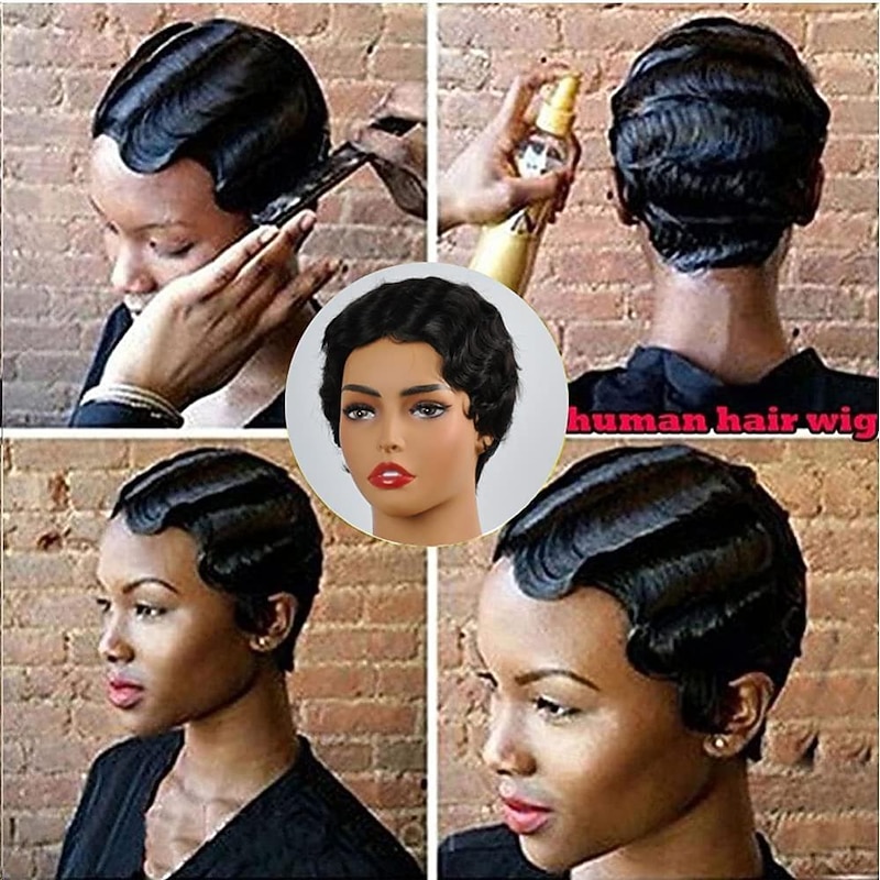 Short Wigs Human Hair Wigs For Women Pixie Cut Human Hair Finger Wave Wig Natural Color Glueless Human Hair Wig Machine Made4
