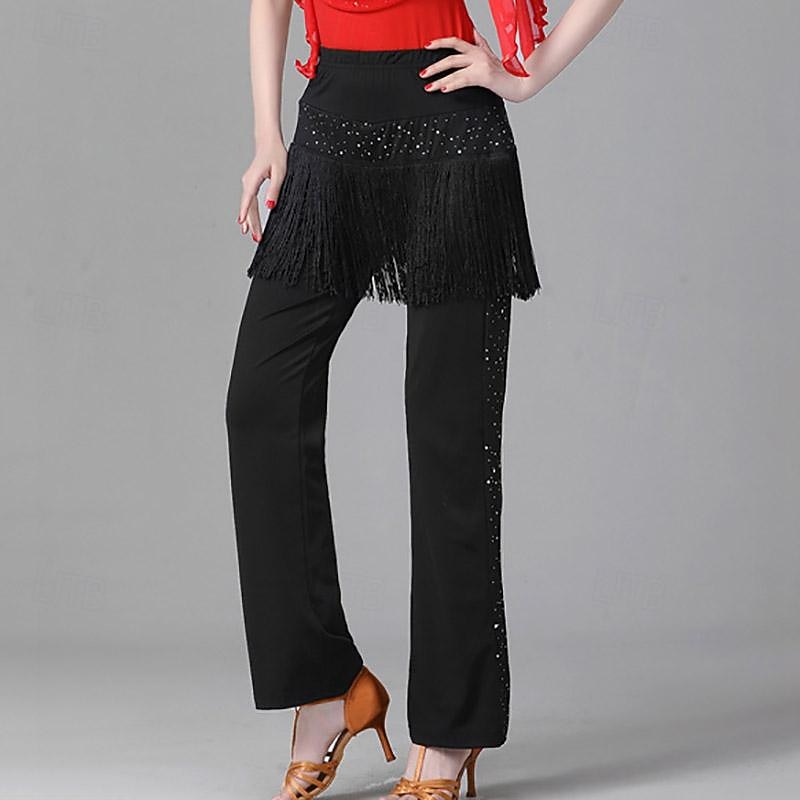 Latin Dance Ballroom Dance Pants Tassel Pure Color Splicing Women's Performance Training High Polyester3