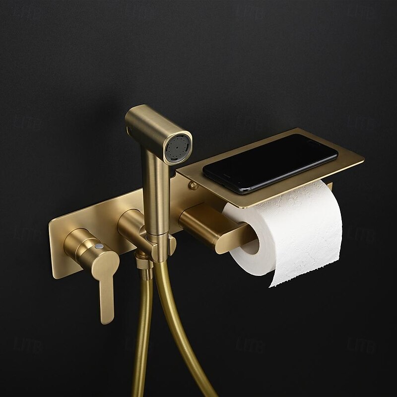 Brushed Grey Bidet Sprayer Concealed Button Brass Valve with Commodity Shelf Paper Holder Plastic Sprayer PVC Hose3