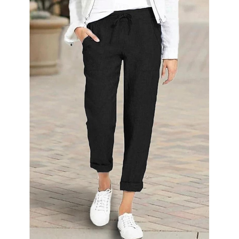 Women's Pants Trousers Casual Daily Long Plain Drawstring Side Pockets Breathability Comfortable Inelastic Going out Weekend Black Blue Gray Spring & Summer Regular Fit