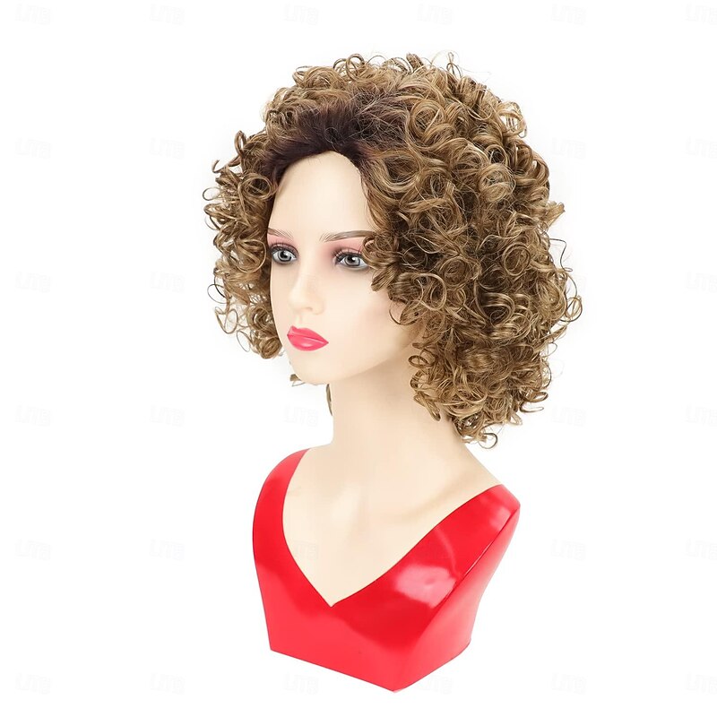 Short Brown Curly Wigs for Women Mixed Blonde Synthetic Wig Bouncy Curly Hair Replacement Wig Curly Wig with Dark Roots Sliver Blonde Grey4