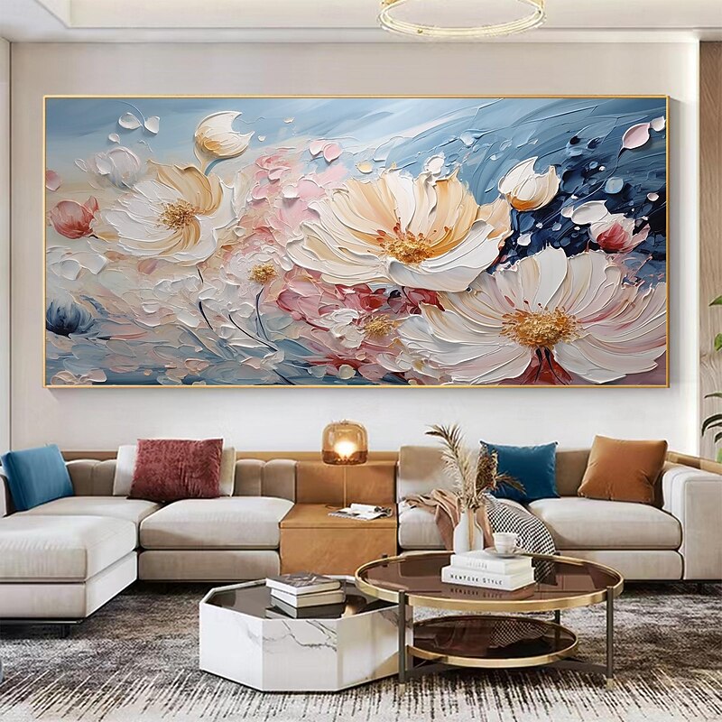 Handmade Original White Flower Oil Painting On Canvas Pink Blossom Wall Art Decor Thick texture Painting for Home Decor With Stretched Frame/Without Inner Frame Painting3