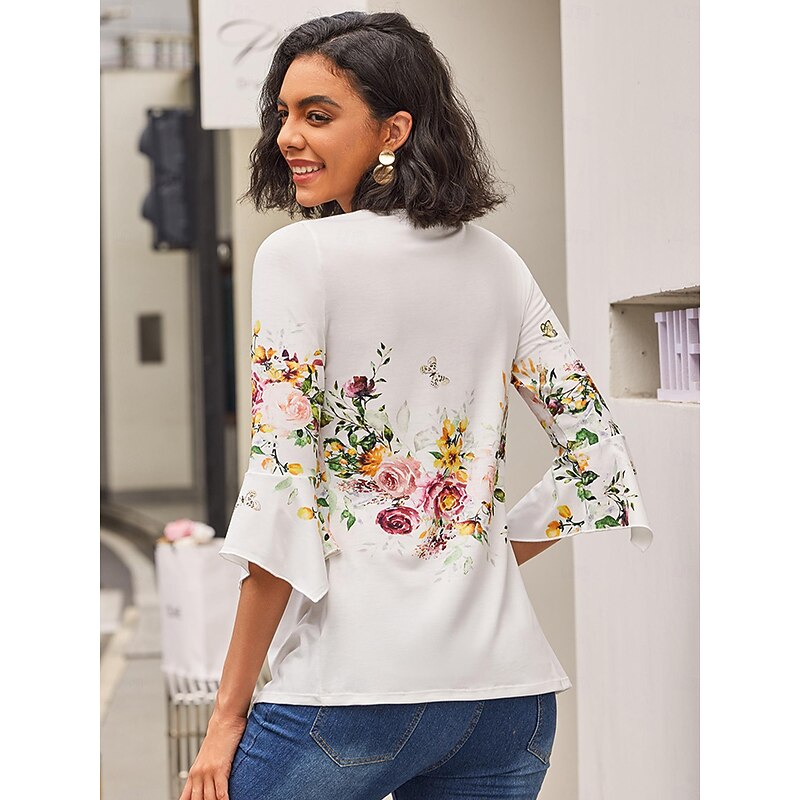 Women's T shirt Long Sleeve Basic Floral Buttons Print 3/4 Length Sleeve Regular Tops Round Neck Casual Holiday White Prefall3