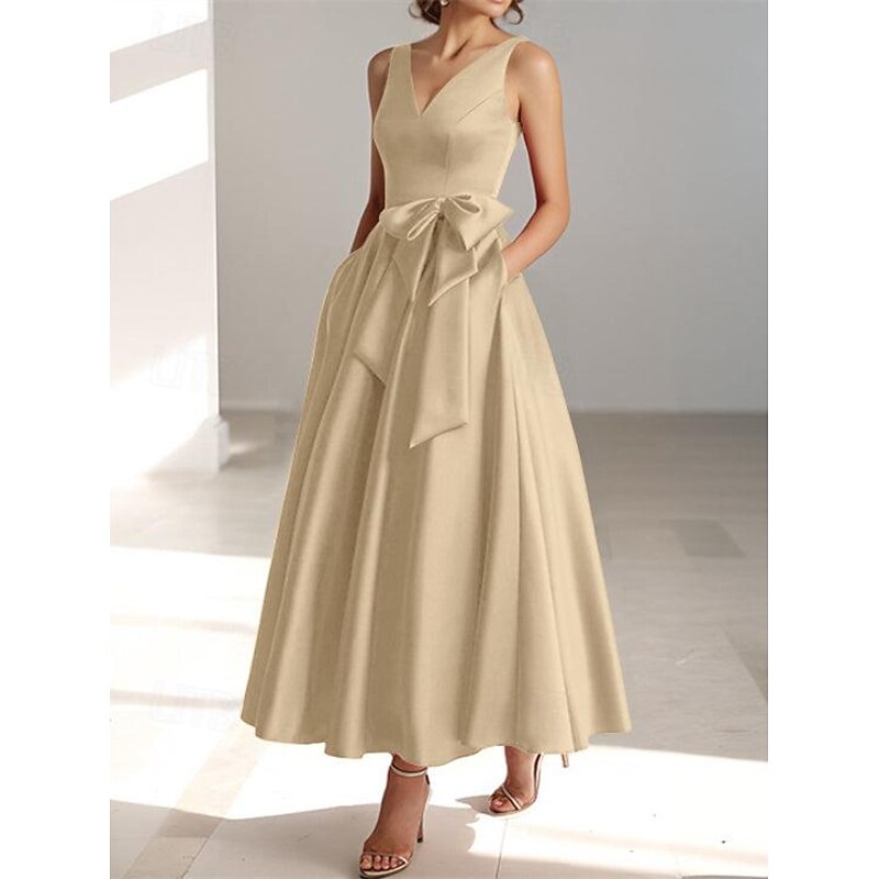 Beach Wedding A-Line Cocktail Dresses Elegant Dress Wedding Guest Kentucky Tea Length Sleeveless V Neck Pocket Satin with Bow(s) Dresses4