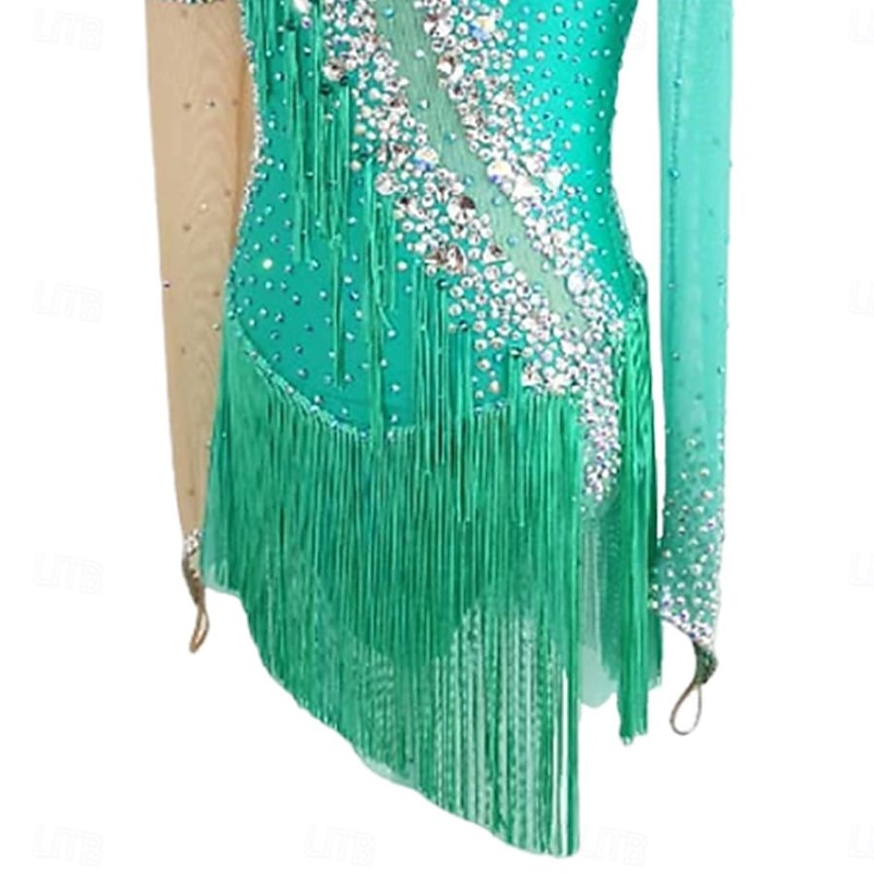 Latin Dance Dress Tassel Crystals / Rhinestones Women's Girls' Performance Training Long Sleeve Stretch Yarn Lycra4