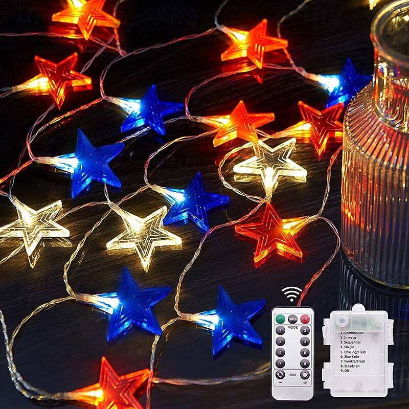 Patriotic 10ft 20LED Star String Lights Decor Independence Day,  Fourth of July LED Star Fairy Lights with Remote Control Red White Blue 8 Modes Battery Powered Holiday Home Party Decoration
