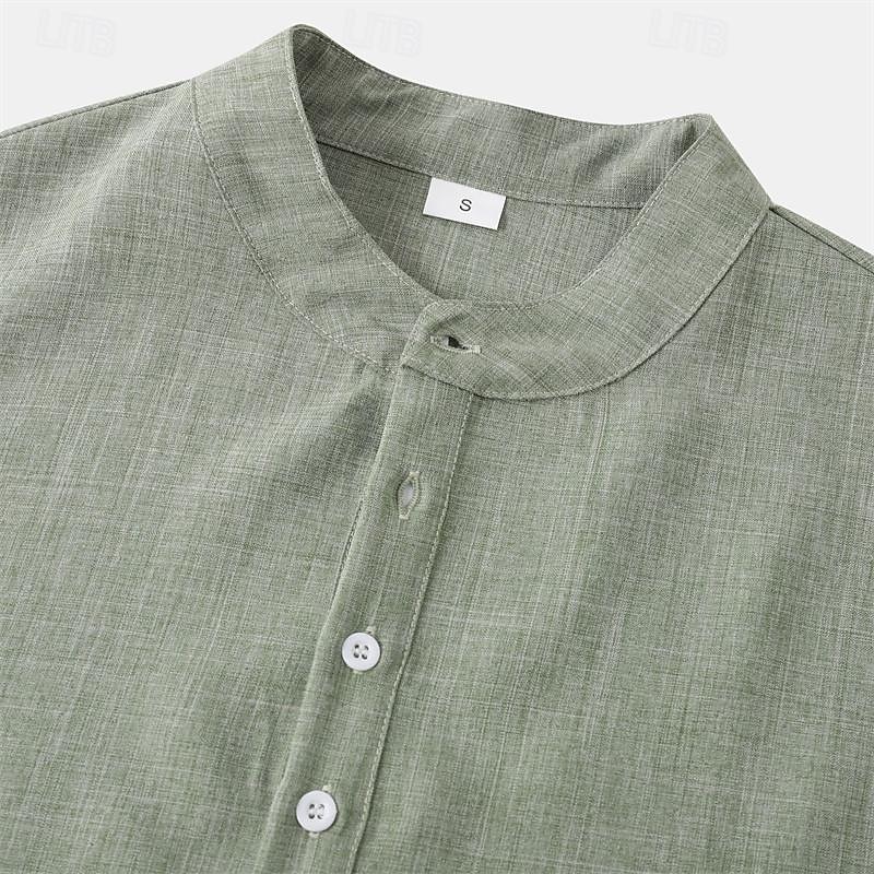 Men's Shirt Linen Shirt Chinese Collar Shirt Mandarin Collar Shirt Casual Shirt Cotton Shirt Plain Vacation Street Black Yellow Light Green Pink Short Sleeve Band Collar Summer Clothing Apparel 23