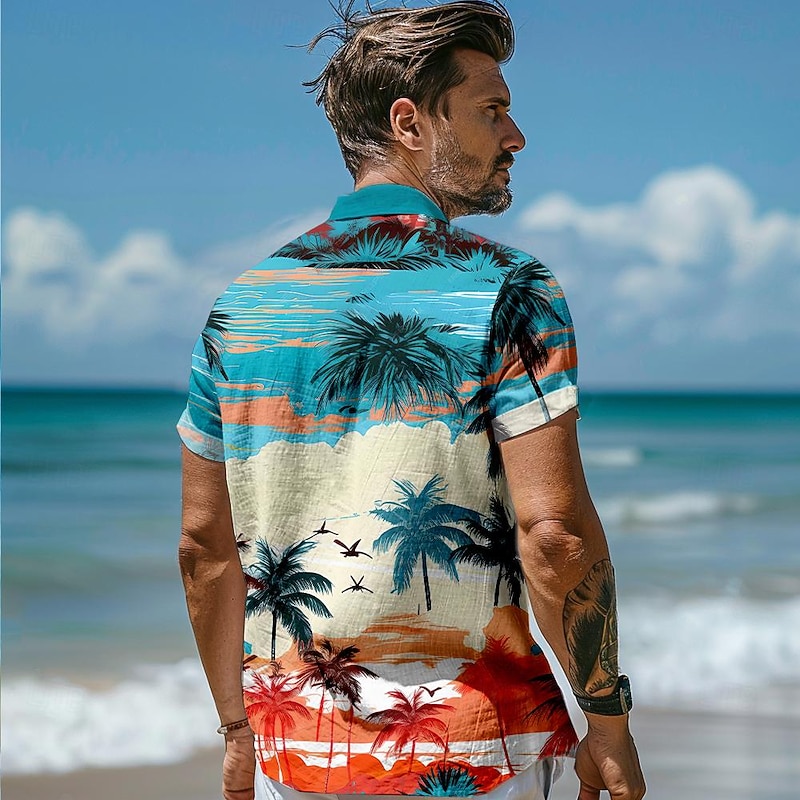 Men's Linen Shirt Beach Shirt Summer Hawaiian Shirt Coconut Tree Performance Vacation Navy Blue Sky Blue Short Sleeve Turndown Summer Spring Clothing Apparel2