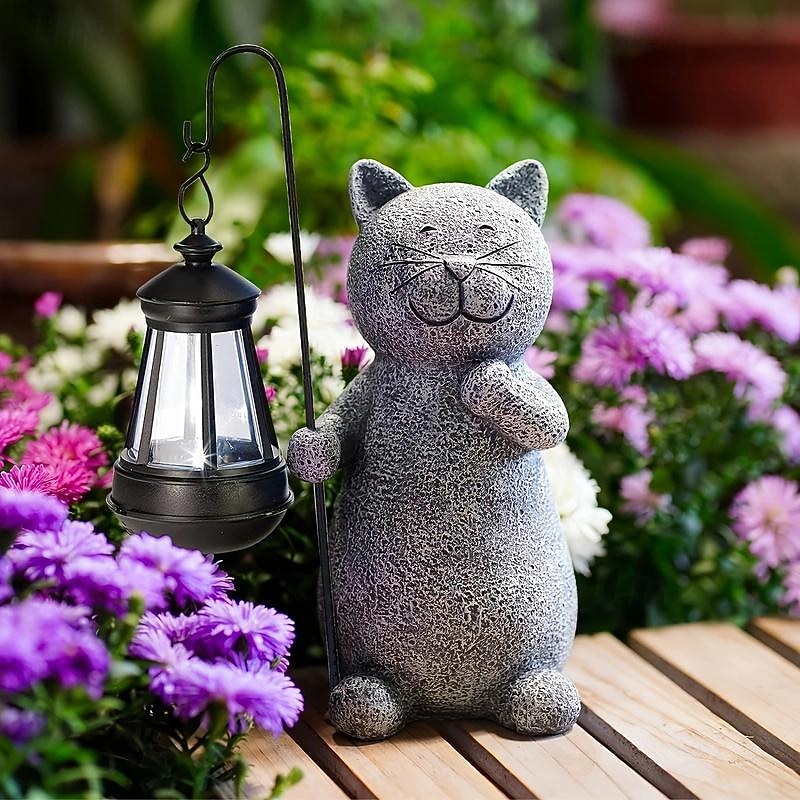 Solar Garden Statue Cat Figurine Light Garden Art with Solar Lantern, Loving Cat for Patio,Balcony,Yard, Lawn-Unique Housewarming Gift for Garden Mom Grandma