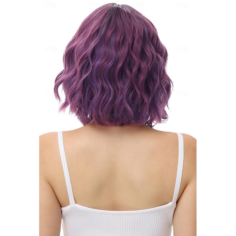 Sliver Purple Green Pink Wavy Bob Wig with Bangs Natural Ombre Purple Wig Synthetic Hair Shoulder Length Short Curly Wigs for Women4