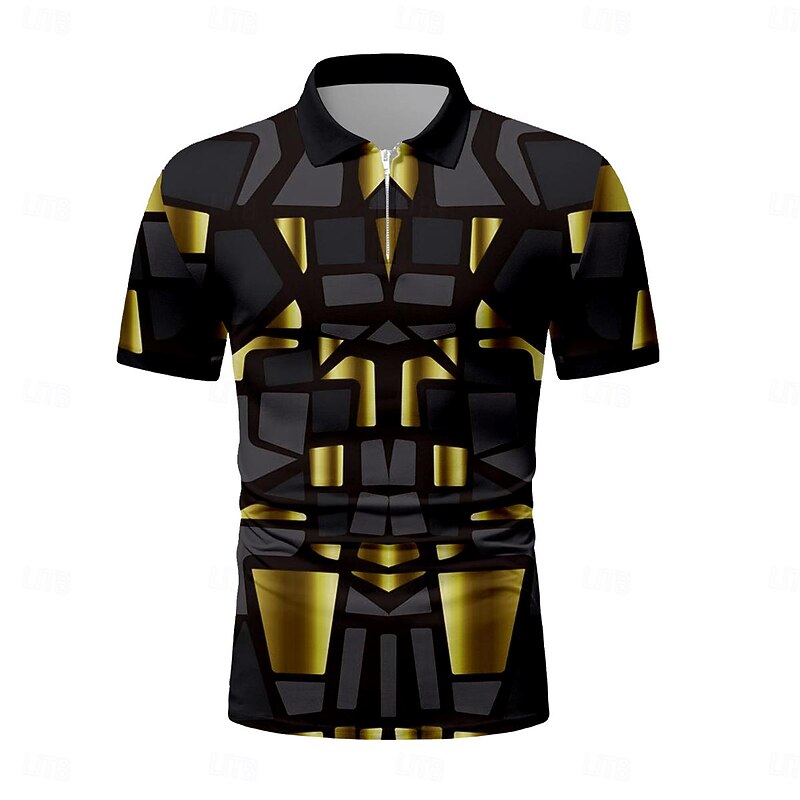 Men's Graphic Zip Polo Shirts Golf Shirt Short Sleeve Polo Shirts Collared Shirts Casual Vacation Wear Rave Wear Party Outfits 3D Print Quarter Zip Polo Summer Golden yellow Black Navy Blue4