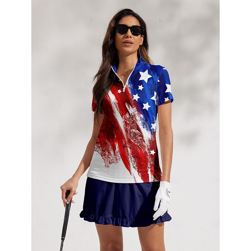 Women's Golf Polo Shirt Red Short Sleeve Top Ladies Golf Attire Clothes Outfits Wear Apparel American Flag Golf Shirt