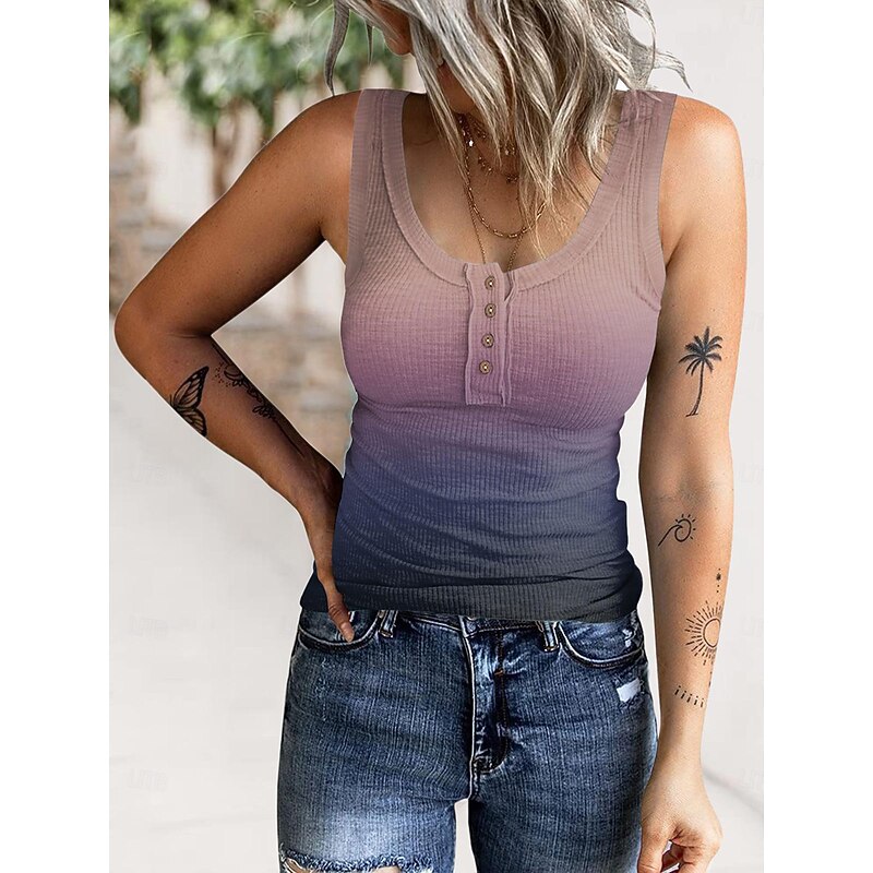 Women's Camisole Tank Top Color Gradient Casual Sleeveless U Neck Regular Tops Vacation Daily Buttons Print Pink Red Blue Purple Summer4