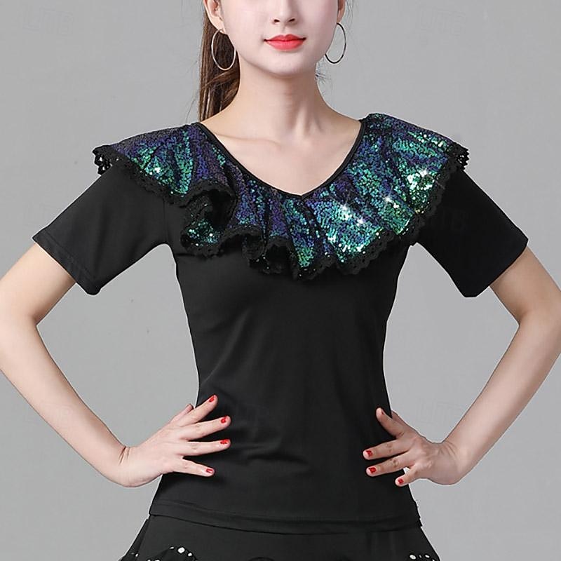 Latin Dance Ballroom Dance Top Ruffles Pure Color Splicing Women's Performance Training Short Sleeve Polyester
