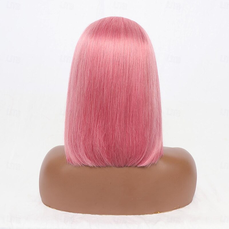 Pink# Human Hair Wig 13*4 Short BOBO Lace Wig Straight Human Hair 150% Density2