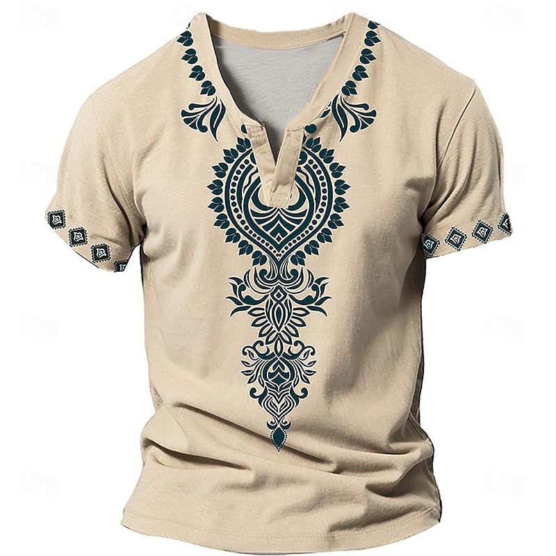 Baroque V Neck Men's Ethnic Style 3D Print T shirt Tee Henley Shirt Casual Daily T shirt Blue Khaki Short Sleeve Henley Shirt Summer Clothing Apparel S M L XL 2XL 3XL