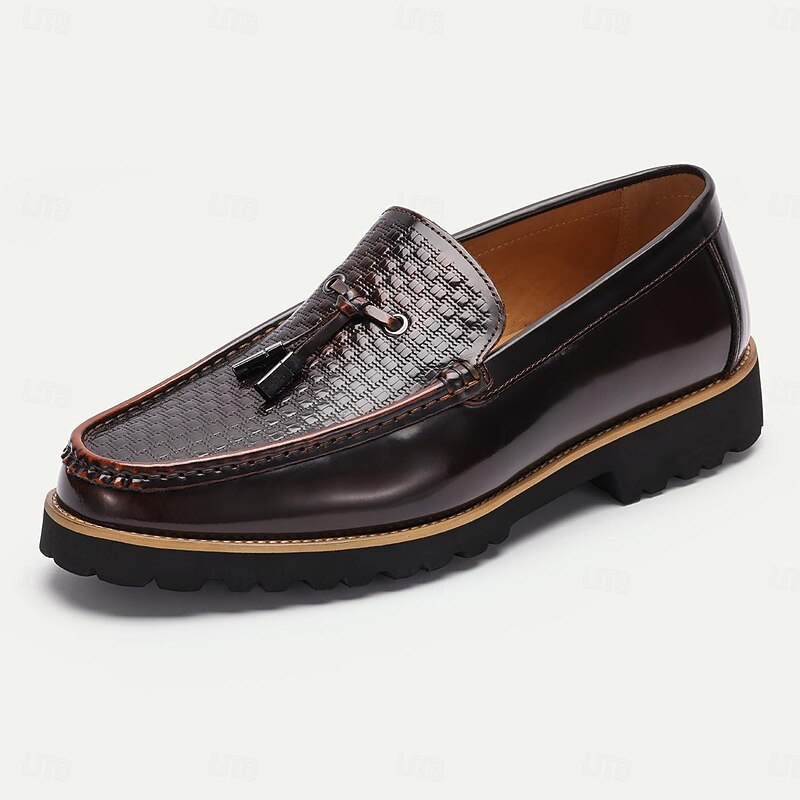 Men's Loafers Vintage Brown Leather Tassel Textured Pattern2