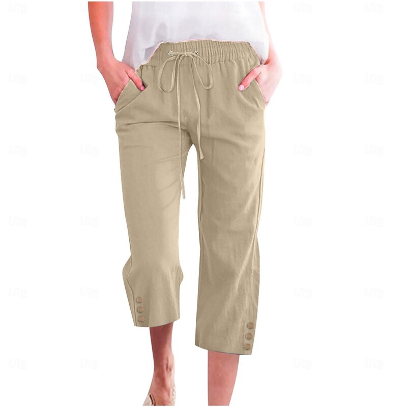 Women's Cotton Linen Pants Pants Trousers Casual Daily Calf-Length Plain Drawstring Side Pockets Breathability Comfortable Inelastic Weekend Wine Navy Blue Brown Khaki Spring & Summer Regular Fit2