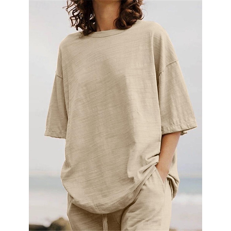 Women's Cotton Linen Sets Two Piece Sets Basic Pure Color Pocket Elastic Waist T Shirt Pant Street Daily Long Sleeve Crew Neck Black White Navy Blue Light Brown Blue Summer Spring2