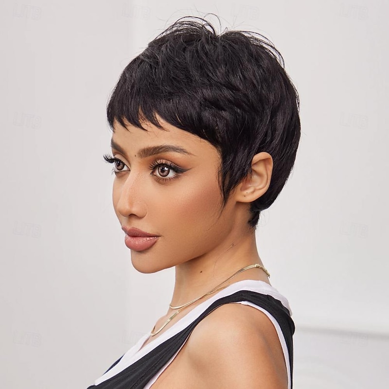 Short Pixie Cut Bob Human Hair Wigs Straight Black Brown Remy Hair for Women Natural Layered Wig with Bangs Wig3