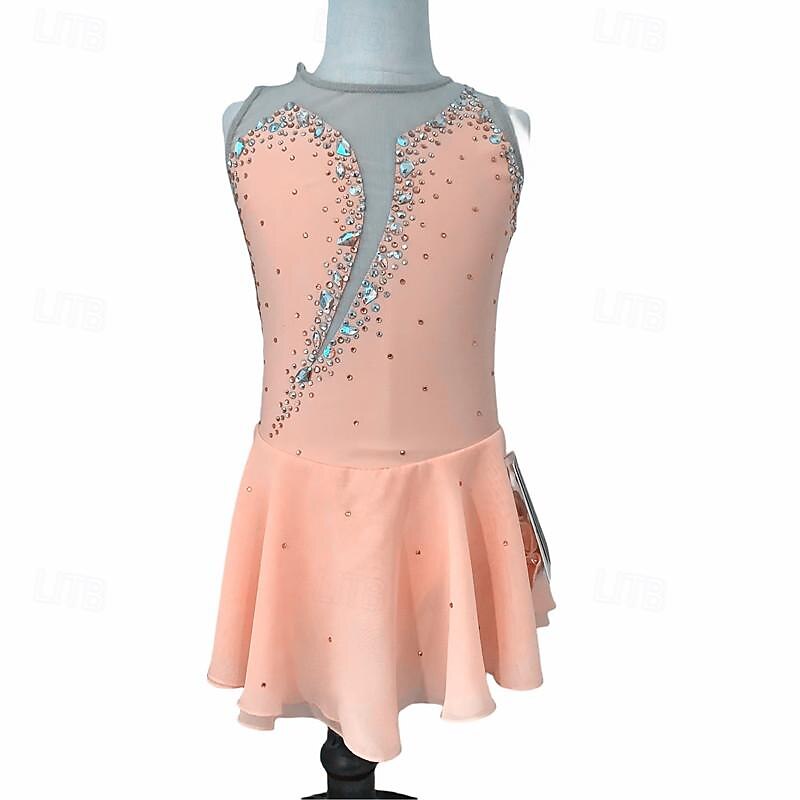 Figure Skating Dress Women's Girls' Ice Skating Dress Pink Champagne Open Back Mesh Spandex Stretchy Training Practice Professional Skating Wear Thermal Warm Classic Crystal / Rhinestone Sleeveless3