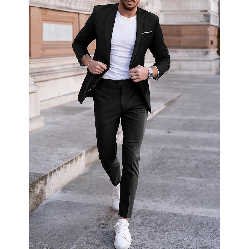 Men's Wedding Suits Notch Black Red Business Formal Solid Colored Tailored Fit 2 Piece Single Breasted One-button