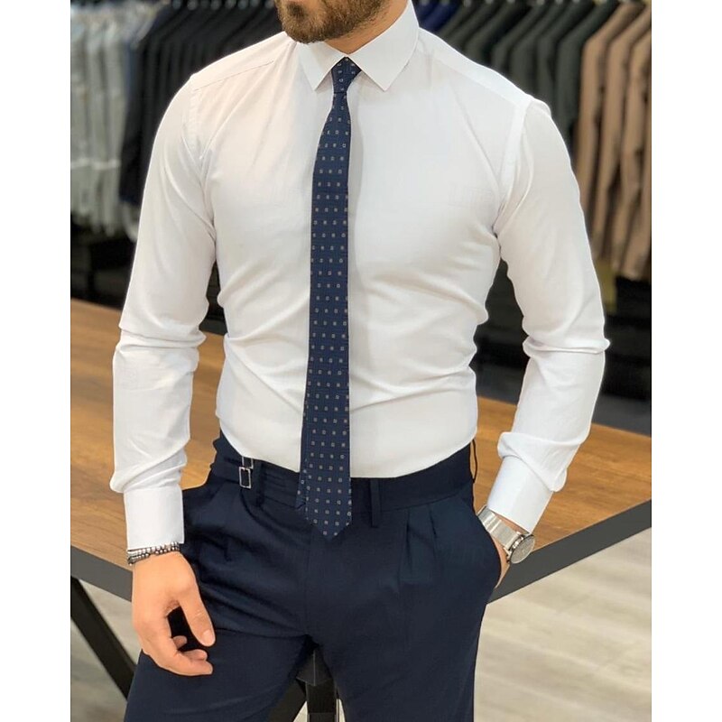 Men's Dress Shirt Homecoming Standard Fit Long Sleeve Lapel Solid Color Polyester Black White 20253