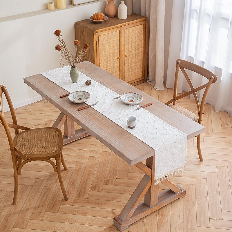 Table Runner with Tassels Spring Star Applique Vintage French Country Farmhouse Double-layer Polyester4