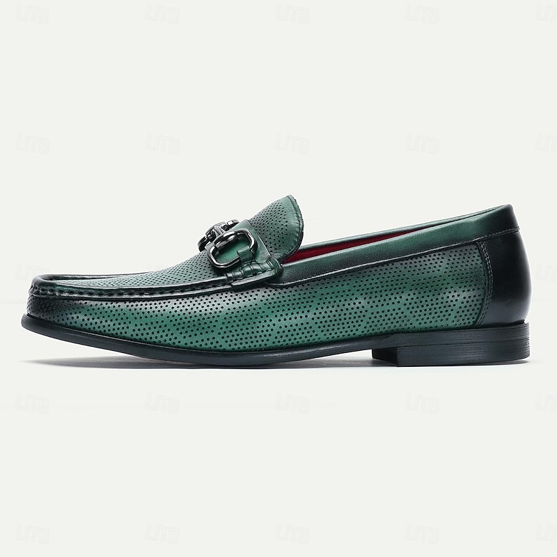 Men's Loafers Perforated Green Leather Silver Horsebit3
