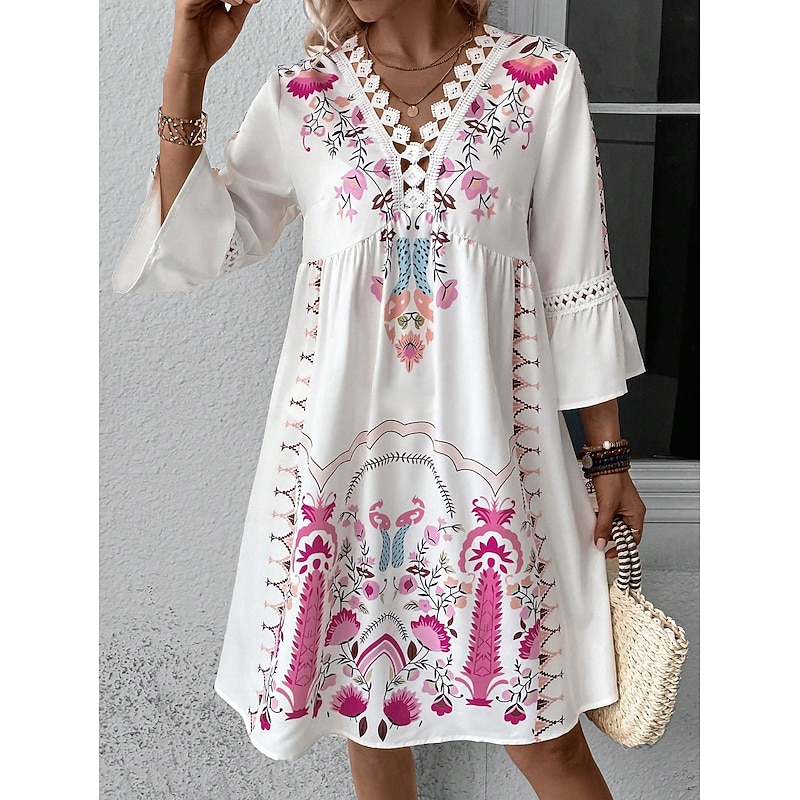 Women's Midi Dress Chiffon Dress Boho Chic Dresses Boho Dress Elegant Dress Elegant Bohemia Vintage Vacation Daily Date Slim Floral Short Sleeve V Neck Black Pink Red Beige Summer Spring Fall Winter