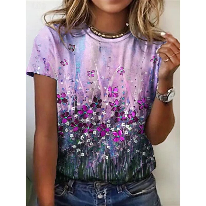 Women's T Shirt Floral Fashion Short Sleeve Round Neck Regular Tops Vacation Weekend Print Pink Blue Purple Summer3