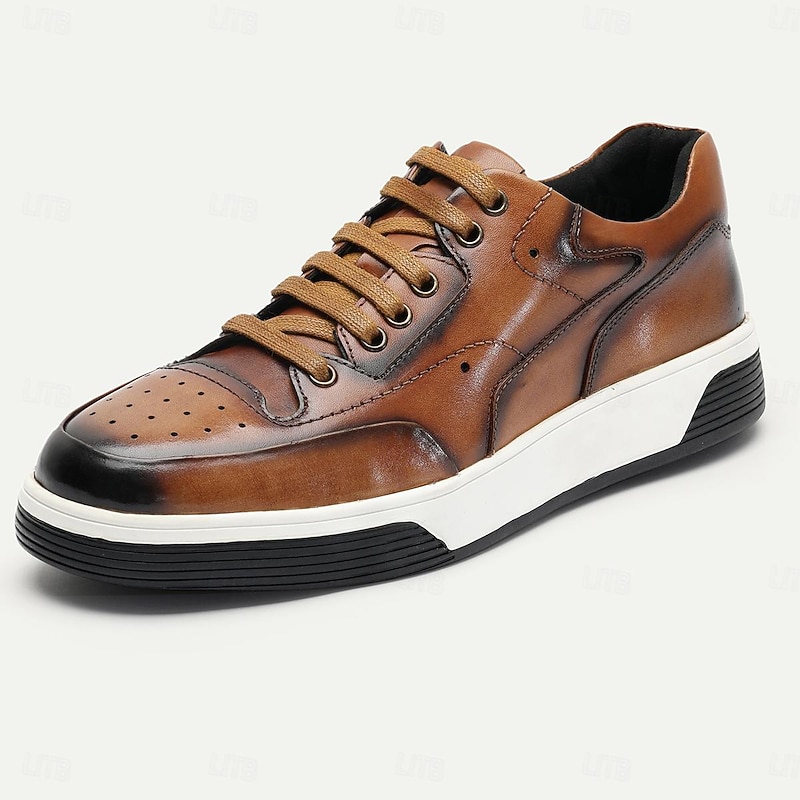 Men's Dress Sneakers Leather Italian Full-Grain Cowhide Slip Resistant Lace-up Yellow-Brown3