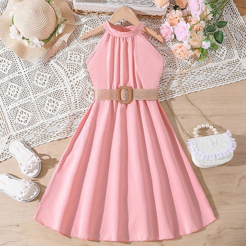 Kids Girls' Dress Solid Color Halter Neck Dress Above Knee Dress School Halter Off Shoulder Sleeveless Fashion Dress 7-13 Years Summer Light Green4