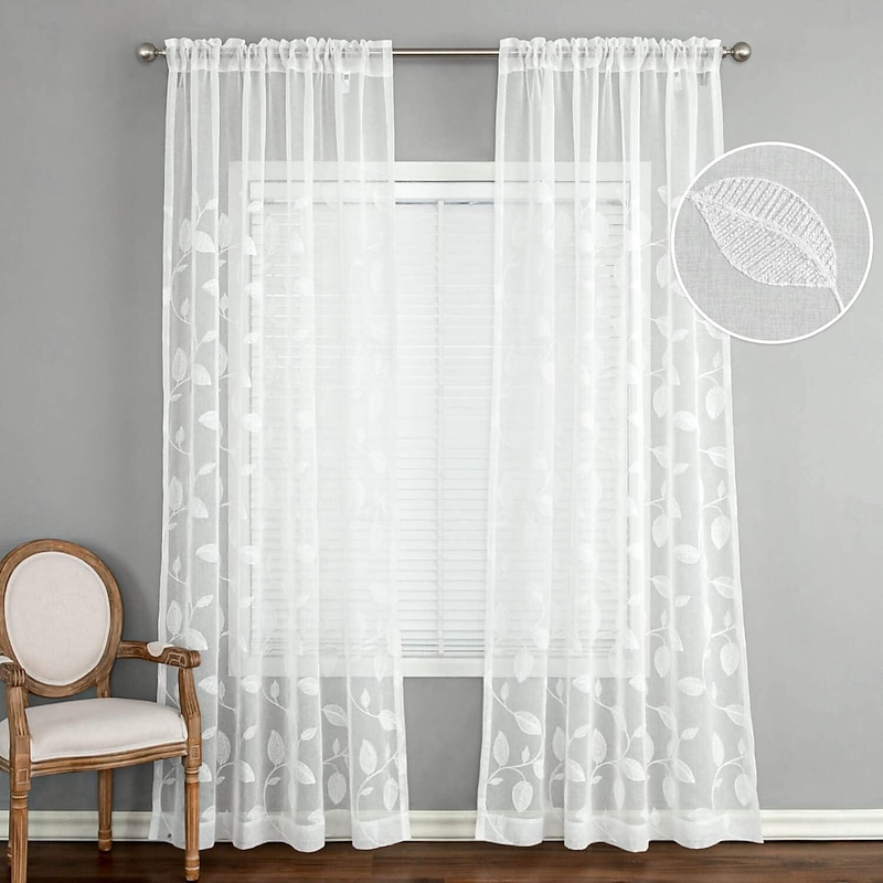 White Sheer Curtains Long Embroidered Semi Transparent Window Screen Leaves Sheer Curtains for Living Room Bedroom4