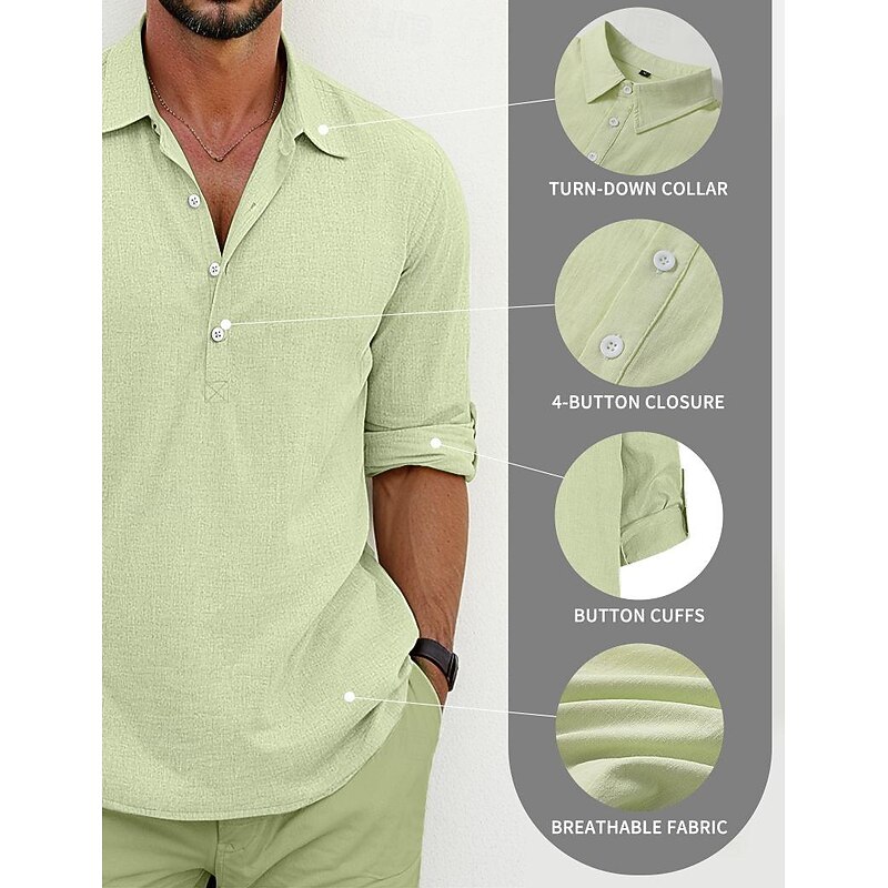 Men's Shirt Linen Shirt Summer Shirt Beach Wear Button Up Shirt Plain Vacation Casual Black White Blue Green Long Sleeve Lapel Spring & Summer Clothing Apparel2