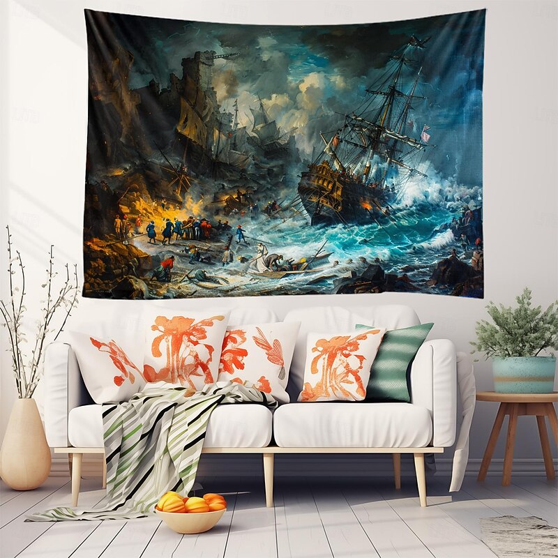 Pirate Ship Oil Painting Hanging Tapestry Wall Art Large Tapestry Mural Decor Photograph Backdrop Blanket Curtain Home Bedroom Living Room Decoration2