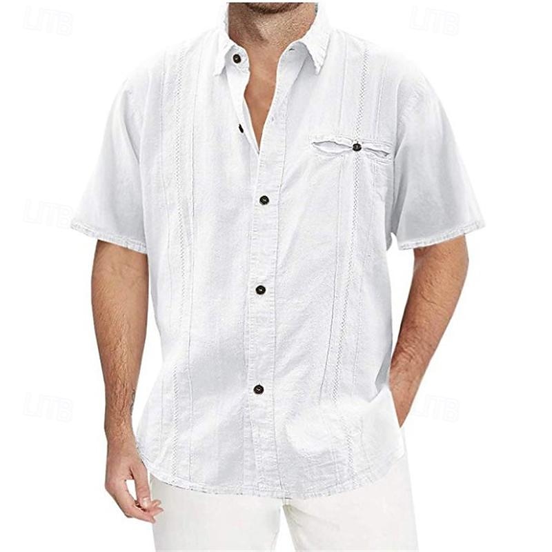 Men's Shirt Cotton Linen Shirt Casual Shirt Plain Vacation Casual White Green Khaki Short Sleeve Lapel Summer Clothing Apparel Pocket2