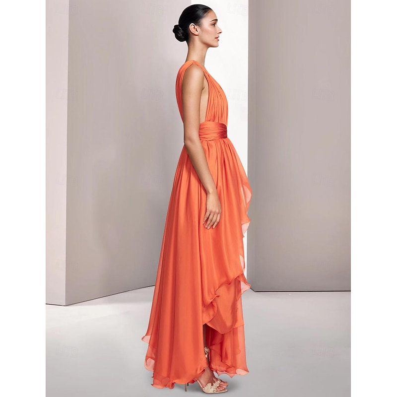 Beach Wedding A-Line Prom Dresses Elegant Dress Formal Summer Asymmetrical Sleeveless V Neck Chiffon with Ruched4