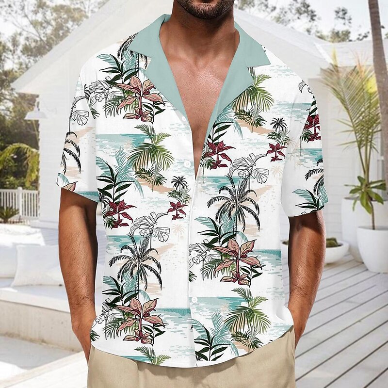 Men's Coconut Tree Architecture Tropical Plants Summer Hawaiian Shirt Camp Collar Shirt Aloha Shirt Short Sleeve Shirt Cuban Collar Fashion Hawaiian Designer Outdoor Street Casual Black White Green S4
