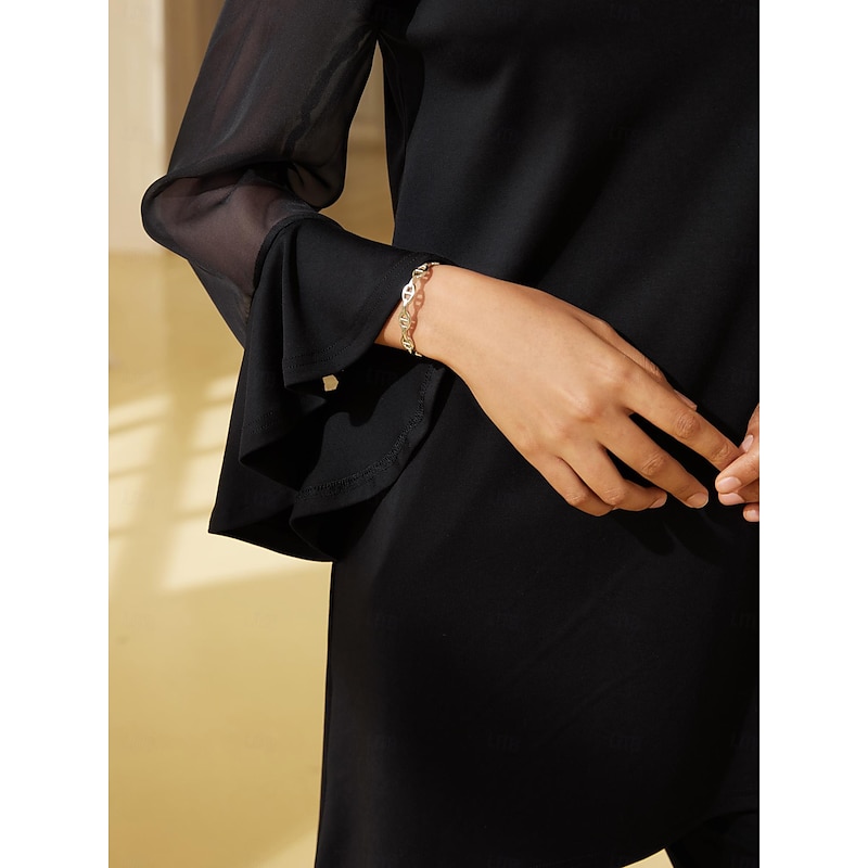 Women's Wedding Guest Party Black High Neck Blouse Chiffon Modal Patchwork Flare Cuff Slim Fit Elastic Elegant Casual Office Wear2