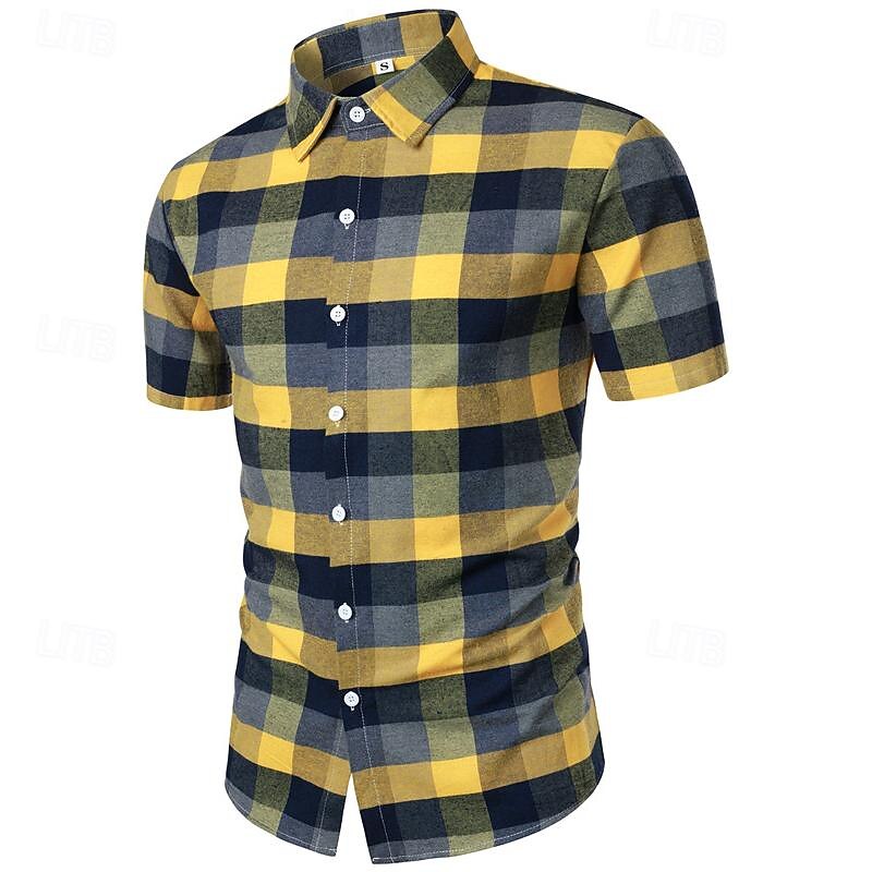 Men's Shirt Dress Shirt Button Up Shirt Plaid Wedding Party Yellow Short Sleeve Lapel Summer Clothing Apparel2