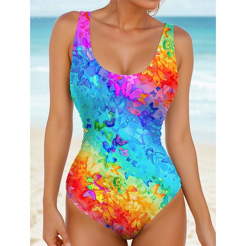 Women's Swimsuits One-Piece Tummy Control Bathing Suits Multicolor Butterfly Print Sleeveless Scoop Neck Stretch Fabric Summer Beachwear Poolside Fashion Vibrant Swimsuits Available in Multiple Sizes3